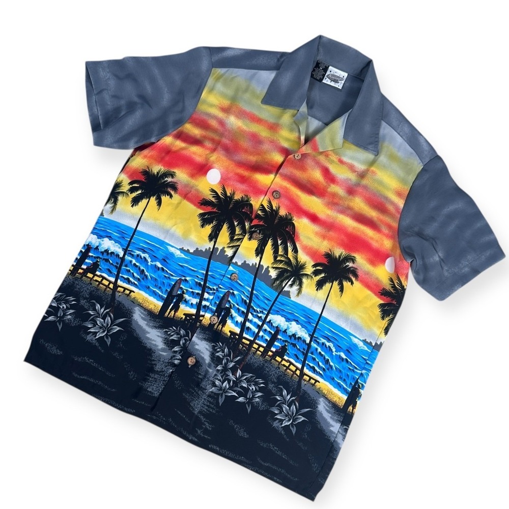 Kennington Ltd Mens Tropical Sunset‎ Beach Surfer Hawaiian Shirt Blue Orange M